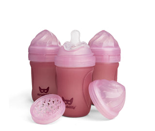 3-pak Glasbabyflasker 220 ml, varmeindikator med silikonebetræk, Rose